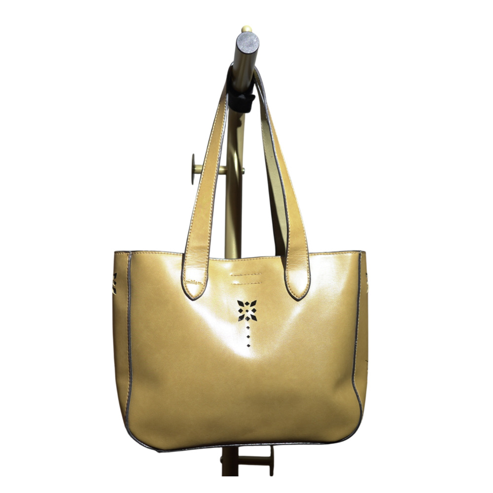Emilie M VTG Leather Tote Mustard Yellow Western Cut-Out Sz M Western Structured